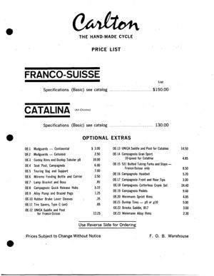 Raleigh Carlton 1960s Price List