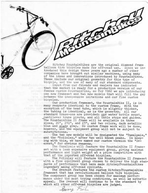 Ritchey 1982 Bullmoose Handlebar/MountainBike II Announcement Flyer