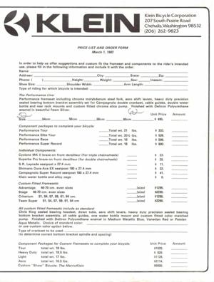 Klein 1983 Price List & Order Form